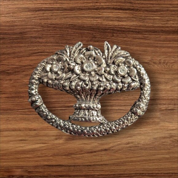 Vintage Floral Basket Brooch Pin Silver Tone Metal Oval Design Womens Jewelry Ac - Picture 1 of 5